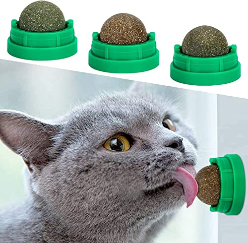 SINROBO 3 Pack Catnip Balls, Catnip Ball for Cats Wall, Edible Kitty Toys for Cats Lick, Safe Healthy Kitten Chew Toys (Green)