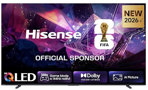 Hisense Smart TV QLED 144Hz 100 4K 100E7S PRO, Audio Dolby Atmos, VIDAA OS con 1000+ APP, Dolby Vision IQ, HDR 10+, Native 144Hz Game Mode, AirPlay2, Alexa Built-in, lativù 4K