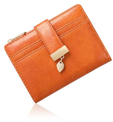 Pomelo Best Women's RFID Wallet - Vegan Leather Bi-fold Small Ladies Purse with Zipper Coin Pocket & ID Window - Leaf Charm Compact Wallet for Women (Orange)