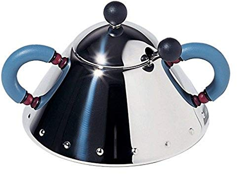 Alessi Zuckerdose mit Löffel aus Edelstahl, Griffen hellblau und Knopf schwarz, 6.5 x 10.5 x 2 cm