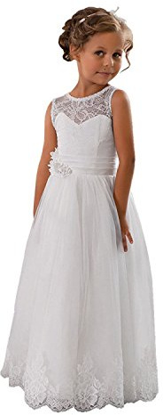 Aibaowedding Abito Vintage Lungo per Bambini in Tulle con Cintura/Abito Chic in Linea A per Prima Comunione, Abito da Dama di Onore, Abito da Fiore per Ragazze 2-12 Anni, bianco, 12 anni