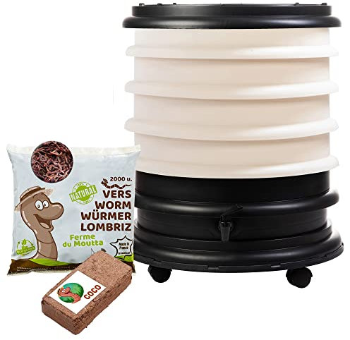 WormBox | Lombricomposteur 4 Plateaux Ivoire +1kg de vers de Compost + 1 Bloc Coco | 64 litres | Compostez Vos déchets organiques, Les vers de Terre/lombrics produisent du lombricompost