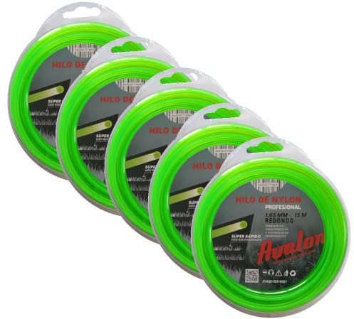 Avalon - Pack 5 Hilos Redondo de Nylon Universal para Desbrozadora y Cortacésped (2 mm x 15 m) - Alta Durabilidad y Rendimiento Óptimo en Las tareas de desbroce