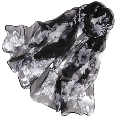 Ailan Foulard en Soie pour Femmes et élégance combinés avec Confort Mode été Femmes imprimé Fleuri écharpe Foulards d'été, Noir Blanc