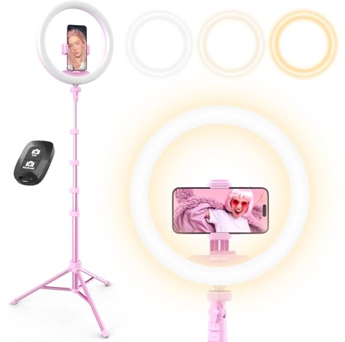 UBeesize 12” Selfie Ring Light with 62” Extendable Tripod Stand & Remote, LED Light with Phone Holder for Video Recording/Makeup/Content Creator (YouTube/TikTok/Twitch), Phone, Camera & Webcam (Pink)