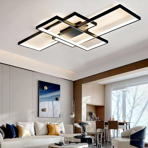 ASJK LED-taklampa Dimbar Modern 82W taklampa LED med fjärrkontroll, 3000k-6000k geometrisk multifunktionell takbelysning för vardagsrum (105cm, svart)