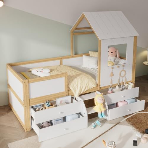 Sweiko Lit d'enfant 90x200 cm, Maison avec Toit et Fenêtre, Mi-Hauteur avec Enceinte à Quatre Côtés, Cadre de Lit d'Enfant avec 4 Tiroirs et Petit Escalier, Blanc + Couleurs Naturelles