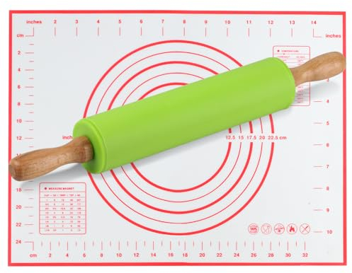 Mattarello Silicone con Manico in Legno, Mattarello Cucina Antiaderente con Tappetino da Forno(30x40 cm), 30,5cm Utensili Mattarello per Cuocere la Pizza, Pasta, Biscotti, Pasticceria（Verde）