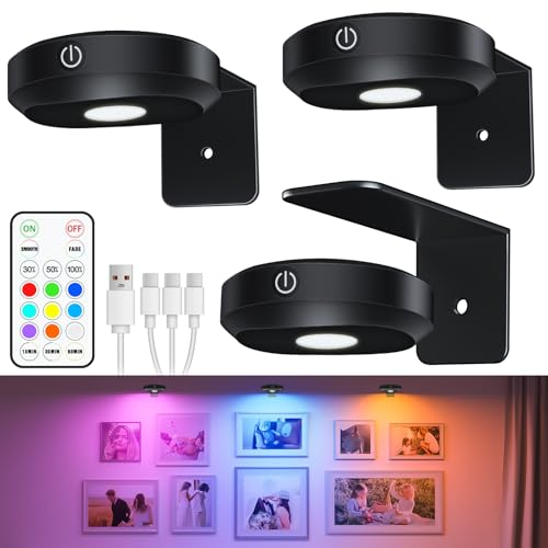 WILLED Luce Per Quadri Senza Filo Ricaricabile, RGB Faretto per Quadri a Batteria, Applique LED da Parete, Quadri Lampada, Applique Quadro Luci per Esposizione Pittura Vetrina（3 Pezzi, Nero）