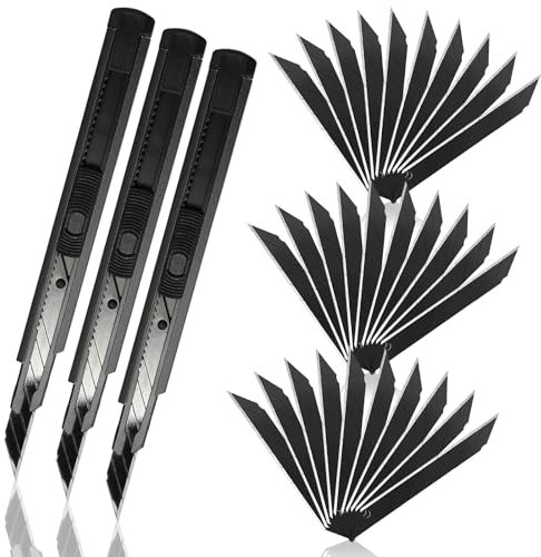 3 Stück Cuttermesser 9mm Set, mit 30 PCS 30°Abbrechklingen, Einziehbar Kartonschneider, Professional Cuttermesser mit Scharfen Klingen, Schwarz Feststellbares Universalmesser für Basteln