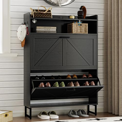 BORNOON Shoe Cabinet with 2 Flip Drawers Narrow Shoe Storage Cabinet Organizer Wooden Freestanding Rack Hidden Slim Storage for Entryway, Hallway, Living Room, Bedroom