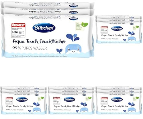 Bübchen Aqua Touch Feuchttücher, 144 Stück (3 x 48) – sensitive Pflegetücher mit 99% purem Wasser, feuchte Tücher für Neugeborene und Babys (Packung mit 5)