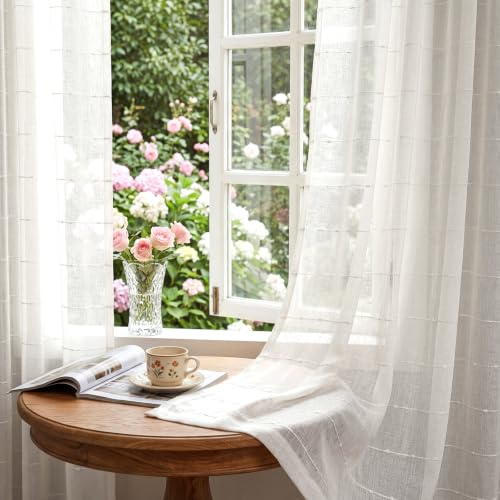 Conkov White Sheer Curtains 84 Inches Long Faux Linen Curtains with Stripe Pattern Light Filtering Privacy Rod Pocket Aesthetic Drapes for Living Room Bedroom Sliding Door, 52 W X 84 L,Pack-2