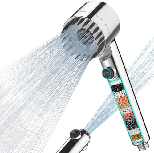 MEKO High Pressure Filter Shower Head for Hard Water UK,1.5m Hose,3+1 Modes | Power handheld Shower Head with One-touch Water Stop,Massage Brush,15 Stage Shower Filter for Residual Chlorine Removal