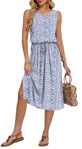 AUSELILY Women Midi Dress Sleeveless Summer Tie Front with Pockets, L