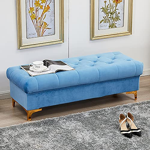 Sammetsförvaringsbänk med klädd sits, modernt hem, sovrum, vardagsrum, skobänk, blå, multifunktionsbänkar, 100x45x40cm