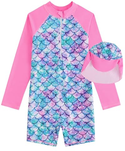 JiAmy Traje de baño de una pieza para niñas, traje de baño de manga larga con cremallera, protección solar UV, traje de baño de sirena con gorro de natación para niñas de 4 a 12 años, rosa (b), 5-6
