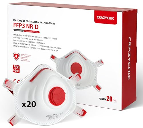 CRAZYCHIC - 20x Mascarilla FFP3 NR D - Certificada CE EN149 - Mascarilla de Protección Respiratoria Antipolvo con Válvula - Alta Filtración Contra Contaminación Trabajos Construcción Pintura Química