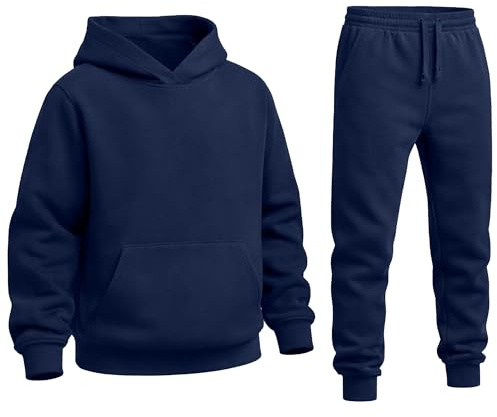 The Fancy Dress Boys Girls Tracksuit Set - Unisex Kids 2 Pcs Activewear Fleece Lined Hooded Sweatshirt and Joggers Bottom Set for Sports Running Jogging, Navy, 11 Years-12 Years