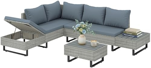 Outsunny Salon de Jardin d'angle 5 Places en Résine Tressée Modulable Gris | Canapé Extérieur, Méridienne Ajustable, Ensemble Mobilier de Terrasse, Table Composite
