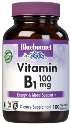 Bluebonnet Vitamin B1 100 mg - Mood Support & Energy Vitamins for Women & Men* - Thiamin HCl - Non-GMO, Vegan, Kosher, Gluten-Free - Soy & Dairy-Free - 100 Vegetable Capsules, 100 Day Supply