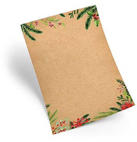 Briefpapier Kraftpapier Weihnachten, 50 Blatt: Weihnachtliches Schreibpapier, Papier zum Schreiben, Menükarte, Bastelpapier Set, Motivpapier, Weihnachtsbriefpapier, Brief Bedruckbar Braun, DIN A4