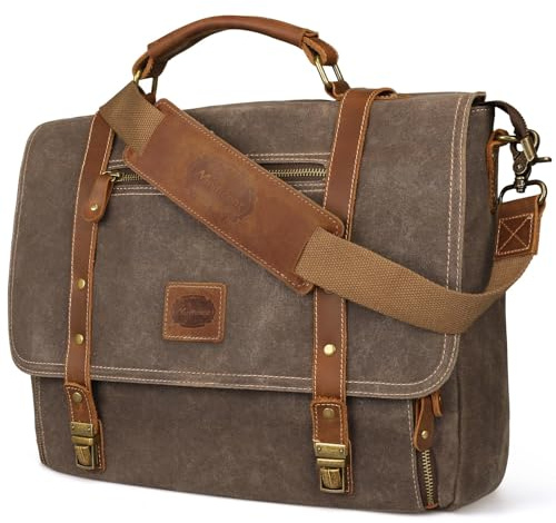 Manificent Laptop Messenger bag for Mens 15.6 Inch, Waterproof Vintage Genuine Leather Mens Briefcase shoulder bag 16 Storage Pockets, Waxed Canvas Leather Computer Business Satchel Work Bag (Brown)