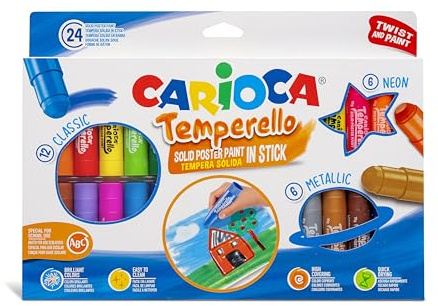 CARIOCA Temperello, Tempere Lavabili per Bambini in Stick per Colorare su Carta, Cartoncino, Legno e Cartone, Colori Assortiti e Brillanti, Senza Solventi, Classic, Neon e Metallic, 24 Pezzi