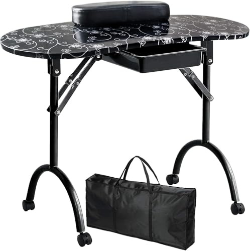 Kalolary Table de Manucure Portable Pliante avec Roulettes pour Salon de Beauté des Ongles (Noir)