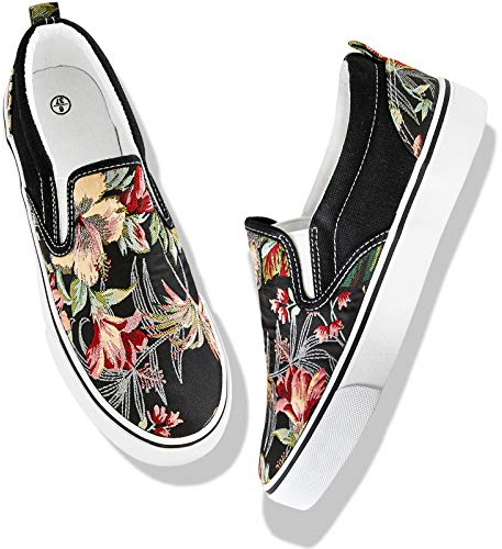 Women's Slip on Shoes Fashion Canvas Sneakers Low Top Casual Shoes Non Slip Loafers (Black Embroidery, US7)
