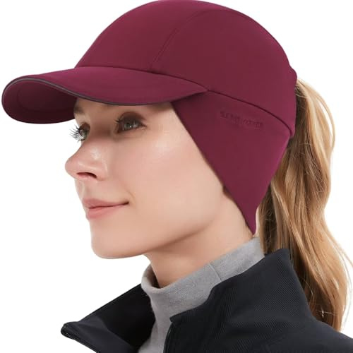 GADIEMKENSD Winter Fleece Hats Reflective Ponytail Hat for Women Baseball Caps with Earflap Drop Down Ear Warmer Mens Skull Cap Beanie with Visor Cold Hat for Outdoor Hiking Running Snow Ski Wine Red