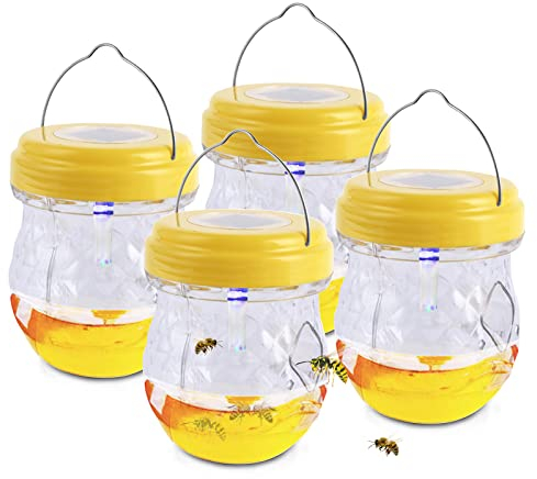 Trampa Avispas con Luz Solar LED, Trampas para Avispas Exterior, Trampas para Avispas Asiaticas, Mata Moscas y Mosquitos, Trampas para Insectos, Trampa Moscas Colgar Jardin Balcón (4 Piezas, Amarillo)