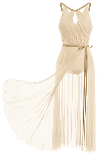 FYMNSI Damen Lyrisch Tanzkleid Ballettkleid ?rmellos Pailletten Trikot Mit Wickelrock Maxikleid T?ll Langes Trikotkleid Modern Contemporary Tanzkost?me Turnanzug B?hnenanzug Kost?m Champagner XS