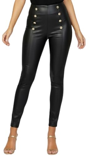 STAR FASHION Women’s PU Leggings High Waist Wet Look Faux Leather Skinny Pants with Gold Side Button Detail Stretchy Shiny Black Clubwear Trousers 12-14