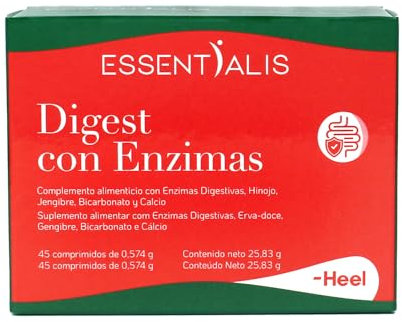 Essentialis Digest con Enzimas – con Hinojo, Jengibre, 5 Enzimas Digestivas y Carbonatos de Calcio y Sodio – Gases, Hinchazón y Digestiones Pesadas – Absorción Nutrientes - 45 comprimidos veganos