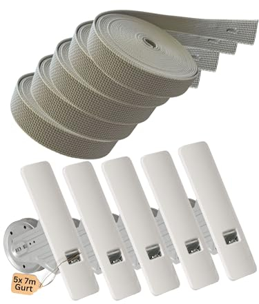 Rollwin 5x Rolladen Gurtwickler Unterputz 165mm bis 185mm Lochabstand - mit 7m Gurt 23mm Rolladengurt mit Gurtwickler Abdeckung zum Clippen Weiß Wickler Rollladen Aufwickler - Schrauben versteckt