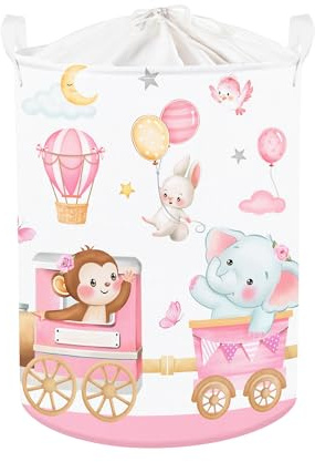 Clastyle 45L Grande Ceste Biancheria Bambini Treno Animali Fiore Rosa con Coperchio per Ragazzo Ragazza Cestino Portaoggetti Giocattoli Pieghevole Vestiti Giocattolo con Manici per Cameretta