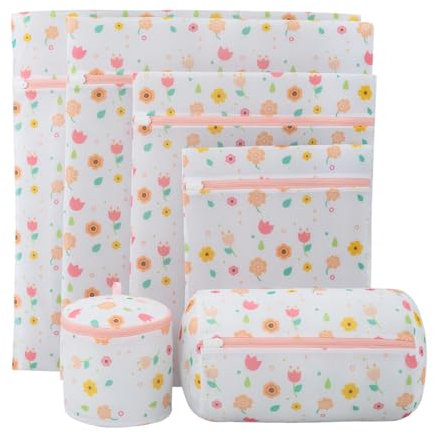 feyiubmen 6 pezzi rete bucato per lavatrice rosa I fiori.biancheria con reggiseni, lavatrice per bambini, chiusura lampo, biancheria intima, vestiti, calze e peluche