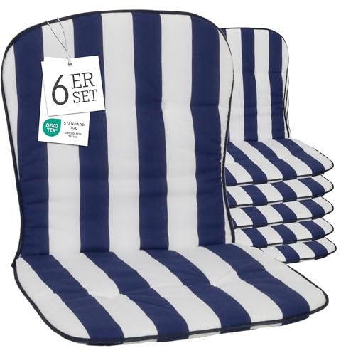Beo Gartenstuhl-Auflagen Kos Niedriglehner 80x44 cm, 6er Set | Waschbare, UV-beständige Sitz-Kissen | Atmungsaktive Polster-Auflagen nach Öko-Tex Standard | Blau-Weiß gestreift | Made in EU