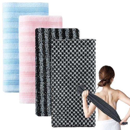 4 stycken japanska skrubbar, LIUCONGBD ryggtvätt för användning i duschen, män kvinnor extra lång peeling tvättduk för död hud borttagning kroppsrengöring och massage