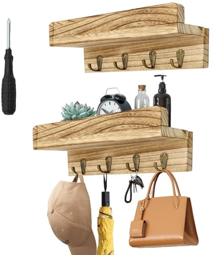 ZYNERY Wall-Mounted Coat Rack with Shelf and 4 Metal Hooks, Wooden Coat Hooks Set of 2, Wall Floating Shelf with Hat Rack, for Bathroom, Kitchen, Laundry Room, Living Room, Mudroom