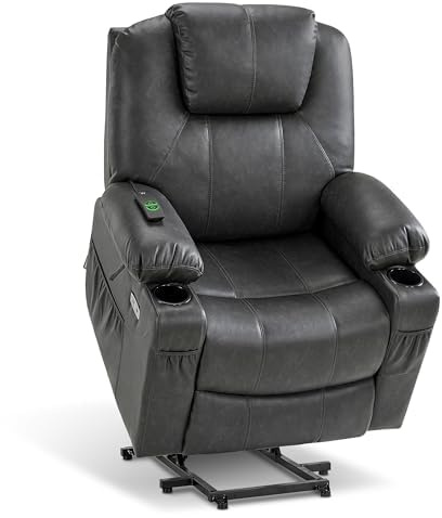 MCombo Riser and Recliner Chairs for Living Room, Electric Power Lift Chairs for Elderly, Brown Lift Armchair, Heated and Massage, Extended Footrest, USB Ports, Faux Leather 7040 (Grey, Medium)