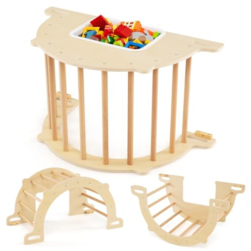 COSTWAY 8 in 1 Arco da Arrampicata per Bambini, Altalena ad Arco in Legno con Contenitore Pieghevole, Palestra Montessori per Bambini 3 Anni + (90 × 50 × 48 cm)