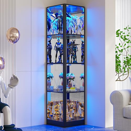 FREDEES Corner Display Cabinet with Glass Doors, 175cm, Black