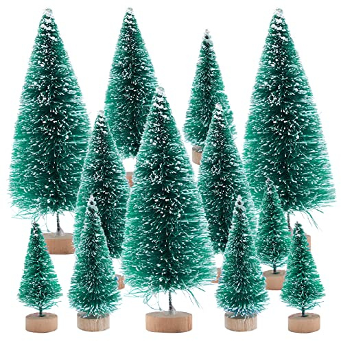 Mini albero di Natale, 12 pezzi, artificiale, con base in legno, in miniatura, albero di Natale, neve, mini modello di abete per decorazione da tavolo, vetrine, Natale, feste