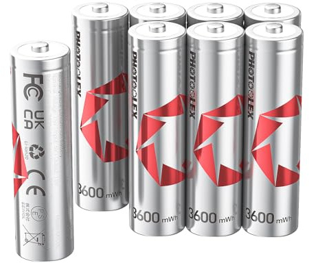 PHOTOOLEX Pilas Recargables AA Iones Litio (Paquete de 8), 1,5V Baterías de Litio 3600mWh de Alta Capacidad, batería de Litio Doble A se recargan hasta 1600 Veces (sin Cargador)