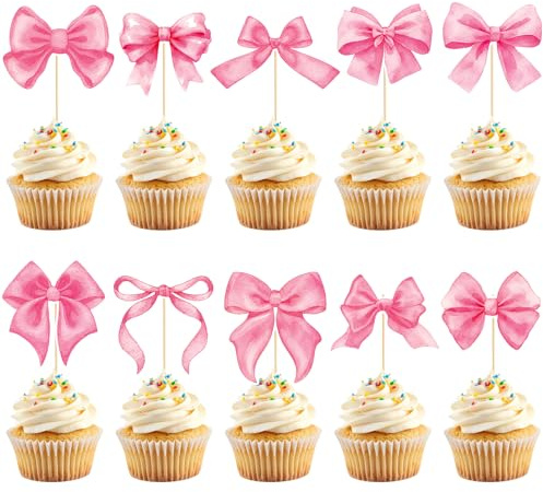 Abilat 40 Pcs Pink Coquette Bow Cupcake Toppers Bow Knot Cupcake Picks Princess Cake Decorations for Girls Women Bridal Wedding Baby Shower Birthday Party Supplies