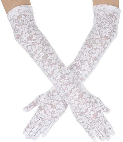 Falzqq vita spetshandskar för kvinnor, långa, blommiga spetshandskar, eleganta bröllopshandskar, operahandskar, brudhandskar, förlovningshandskar, cosplay-kostymer
