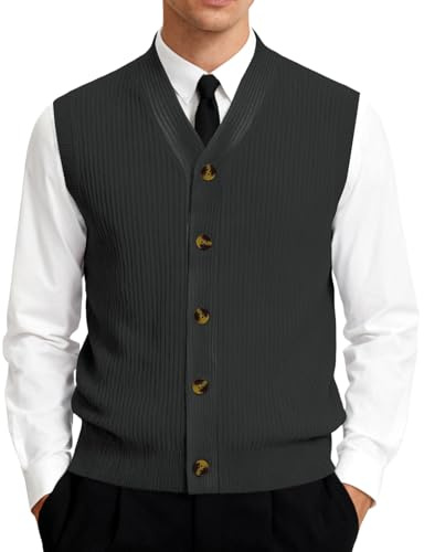 Sweater Vest Mens V-Neck Vest Ribbed Knit Waistcoat Sleeveless Tank Tops Plus Size with Button-Down Jumpers 01-Black 3XL