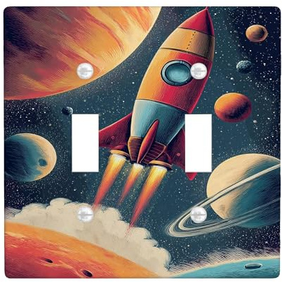 Rocket Double Light Switch Cover Plate, Futuristic Playful Planets Stars None Red Plastic Standard Size Wall Switch Plates Accents for Home Living Room Bedroom Bathroom Decor